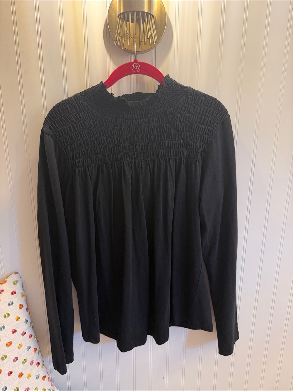 Black Smocked Neck Long-Sleeve Top